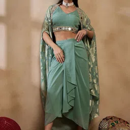 MABISH by Sonal Jain Embellished V-Neck Sleeveless Top With Skirt With Shrug-image-92
