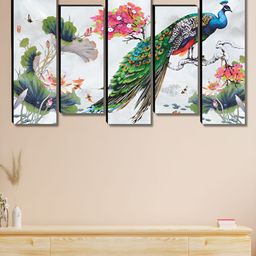 Myntra Elegant Homes White & Blue 5 Pieces Canvas Peacock Painting Wall Arts-image-99