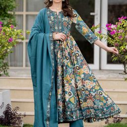 Mizaz Floral Printed Notch Neck Anarkali Pure Cotton Kurta With Trousers & Dupatta-image-73