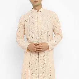 Devyom Geometric Embroidered Mandarin Collar Mirror Work Georgette Kurta With Pyjamas image 2