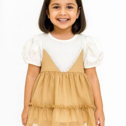 POP STREET KIDS Girls Colourblocked Round Neck Puff Sleeve Fit & Flare Mini Dress-image-95