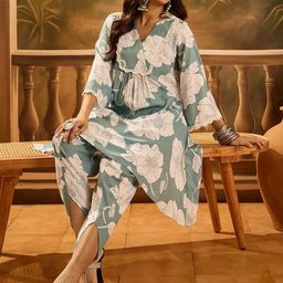 Sangria Floral Printed V-Neck Pure Cotton A-Line Kurta With Dhoti Pant-image-18