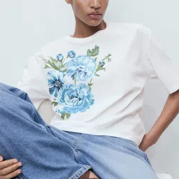 MANGO Women Floral Printed Drop-Shoulder Sleeves Pure Cotton T-shirt-image-20