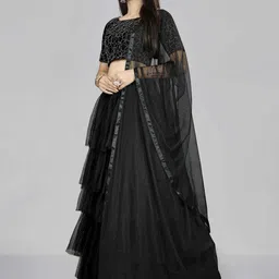DIVASTRI Geometric Printed Net Semi-Stitched Lehenga & Unstitched Blouse With Dupatta image 4