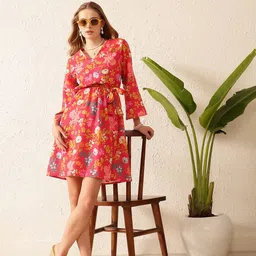 STREET 9 Women Floral Printed Flared Sleeves Wrap Dress-image-87