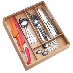 WHITEWHALE Brown Wooden Kitchen Storage Holder For Knives Forks Spoons Drawer Organisers-49