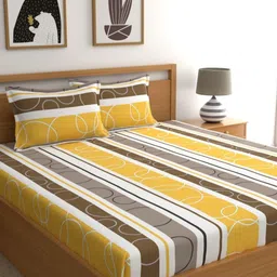 Dreamscape Yellow & White Geometric 144 TC Queen Bedsheet With 2 Pillow Covers-picture-10