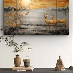 Myntra Elegant Homes Grey & Gold-toned 5 Pieces Deer MDF Wooden Wall Art-image-77