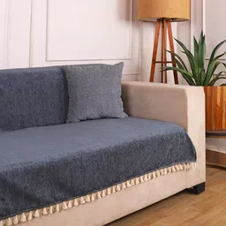 STITCHNEST Grey Textured Chenille Sofa Cover With Tassels-image-1
