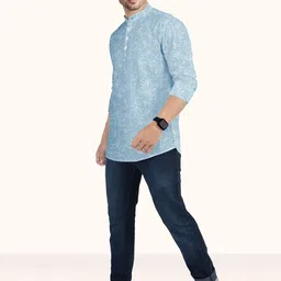 ROUGHELLS Abstract Printed Band Collar Straight Pure Cotton Short Kurta-15