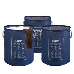 Kuber Industries 3-Pcs Blue & White Printed Foldable Cloth Basket With Handle-26