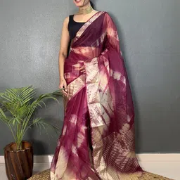 V3 FASHION STUDIO Tie and Dye Zari Organza Handloom Leheriya Saree-image-79