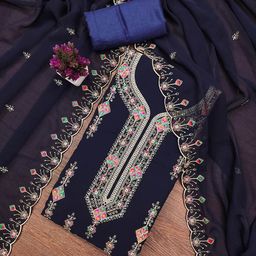 HERE&NOW Embroidered Thread Work Silk Georgette Unstitched Dress Material-image-59