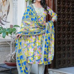SINGNI Women Floral Printed Regular Pure Cotton Kurta with Trousers & With Dupatta-picture-17