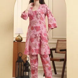 Yufta Women Floral Printed Regular Pure Cotton Kurta with Trousers Kurta Sets-image-53