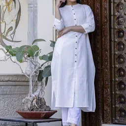 Pistaa Mandarin Collar Pure Cotton A-Line Kurta With Palazzos-34