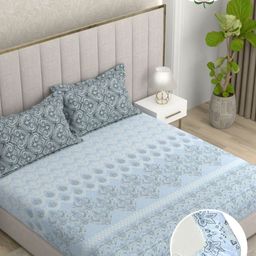 Pure Decor Pearl Blue & Black Printed Cotton 180 TC Fitted King Bedsheet Set 1.93 x 1.82 m-picture-8