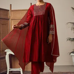 AVANSHEE Yoke Design Sequinned Chanderi Cotton A-Line Kurta With Trousers & Dupatta-picture-14