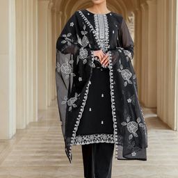 Skylee Pop Women Floral Embroidered Round Neck Thread Work Kurta with Trousers & Dupatta-image-5