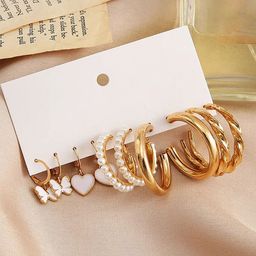 GOLDIWALA Set Of 5 Gold Plated Pearls Beaded Geometric Half Hoop Earrings-1