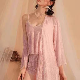 LULU & SKY Self Design Baby Doll Nightdress With Robe-picture-13