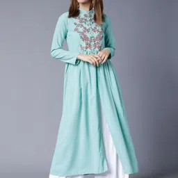 Vishudh Green Floral Embriodered Mandarin Collar Thread Work Gathered Anarkali Kurta-picture-13