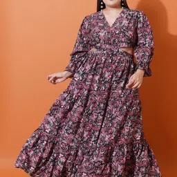 U&F Beyond Women Floral Printed V-Neck Puff Sleeves Maxi Dress-image-82