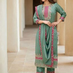Skylee Pop Floral Embroidered Sequinned Straight Kurta With Trousers & Dupatta-image-57
