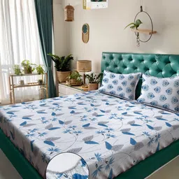KLOTTHE Blue And Grey Floral Printed Cotton 400 TC Double Bedsheet Set 2.50 m x 2.20 m-image-1