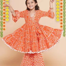 Little Zing Girls Bandhani Printed Pure Cotton Gotta Patti Angrakha Kurta With Sharara-picture-4