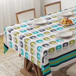 HOME COLORS.IN White Geometric Printed Pure Cotton 4-Seater Table Cover-picture-1
