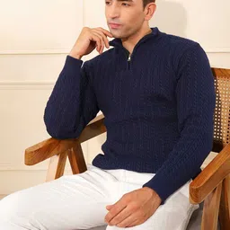 KVETOO Men Cable Knit Self Design High Neck Zipper Woolen Pullover-picture-20