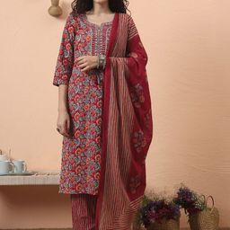 Yufta Women Floral Embroidered Regular Pure Cotton Kurta with Trousers & With Dupatta-34