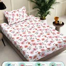 Myntra Elegant Homes Pink & White Floral Printed 300 TC Single Bedsheet Set 2.25 m x 1.5 m-image-94