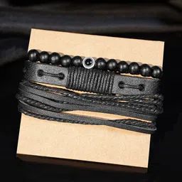 The Roadster Lifestyle Co Men Set of 3 Black Handcrafted Beaded & Alloy Bracelets-12