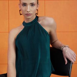 STREET 9 Green High Neck Accordion Pleats A-Line Top-image-13