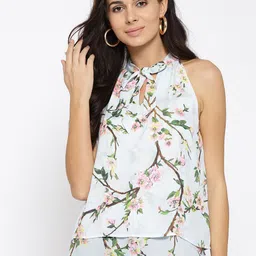 Xpose Women White & Pink Floral Tie-Up Neck Styled Back Top-picture-13