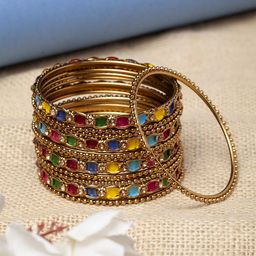 Shining Diva Set of 12 Gold-Plated Red & Blue Enamelled Bangles-image-8
