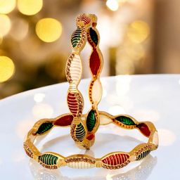 LUCKY JEWELLERY Set Of 2 18k Gold Plated Stones Studded Bangles-14