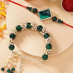 KARATCART Men Set Of 2 Gold-Plated White & Green Kundan-Studded & Beaded Bhaiye Bhabhi Rakhi-image-26