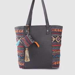 Anouk Black & Orange Aztec Print Shopper Tote Bag with Tasselled & Beaded Detail-55