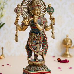 eCraftIndia Colorful Lord Krishna Playing Flute Handcrafted Brass Idol with Stone Work Gold Showpieces-image-32