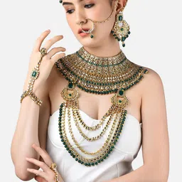 Zaveri Pearls Gold-Plated Green & White Kundan-Studded & Beaded Bridal Jewellery Set-14
