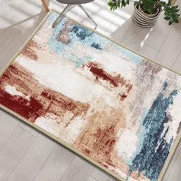 URBAN SPACE Beige & Blue Abstract Printed Anti-Skid Carpet image 1