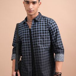 HIGHLANDER Classic Blue Slim Fit Tartan Checked Spread Collar Cotton Casual Shirt-image-71