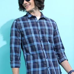HIGHLANDER Navy Blue Slim Fit Tartan Checked Casual Shirt-image-5