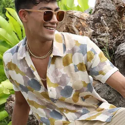 Campus Sutra Off White & Olive Classic Abstract Printed Spread Collar Cotton Casual Shirt-image-11