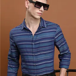 KETCH Horizontal Striped Slim Fit Opaque Cotton Casual Shirt-image-75