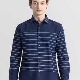 Snitch Navy Blue Horizontal Stripes Striped Classic Slim Fit Cotton Casual Shirt-image-37