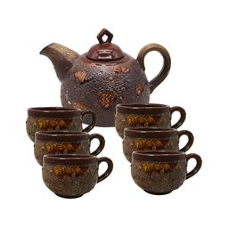 INDIA MEETS INDIA Brown Textured Ceramic Glossy Kettle Set-image-72